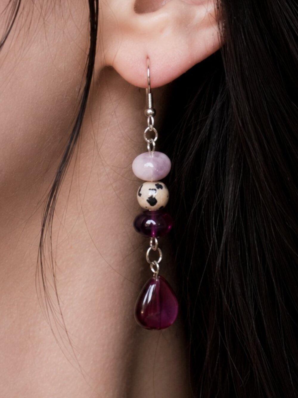 Purple Fluorite & Dalmatian Jasper Glass Teardrop Earrings, Stainless Steel